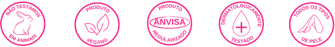 Não testamos em animais · Vegano · Anvisa · Dermatologicamente testado · Todos os tipos de pele
